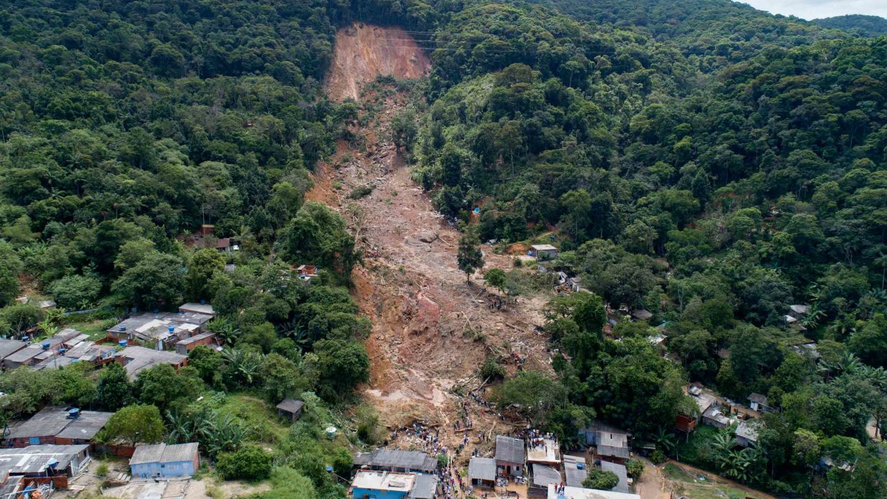 Trees are gone after a mudslide triggered by heavy rains in the coastal city of Guaruja.