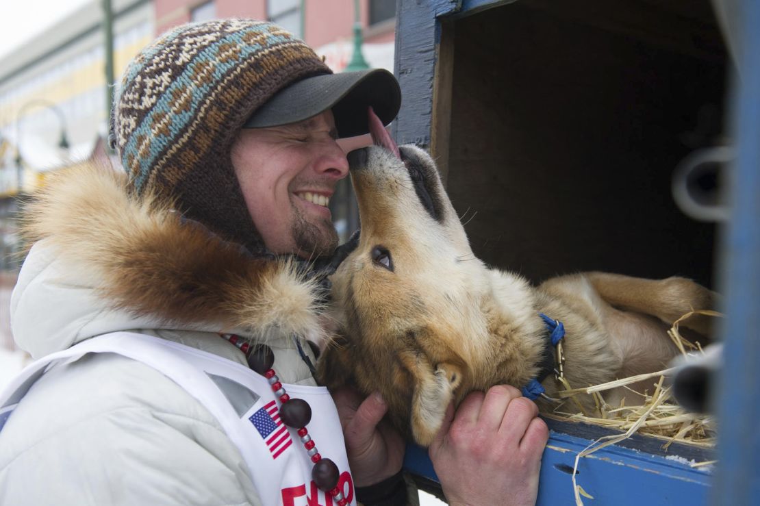Musher Matt Failor gets friendly with Pantera, a dog in his team, prior to the ceremonial start.