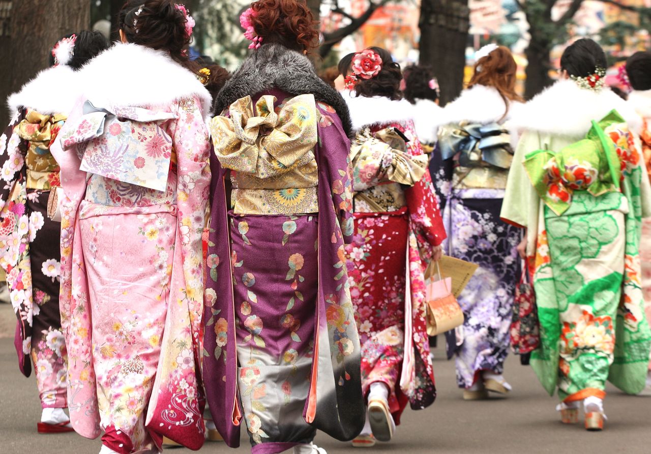 A group of Japanese women wearing kimono in Tokyo.
