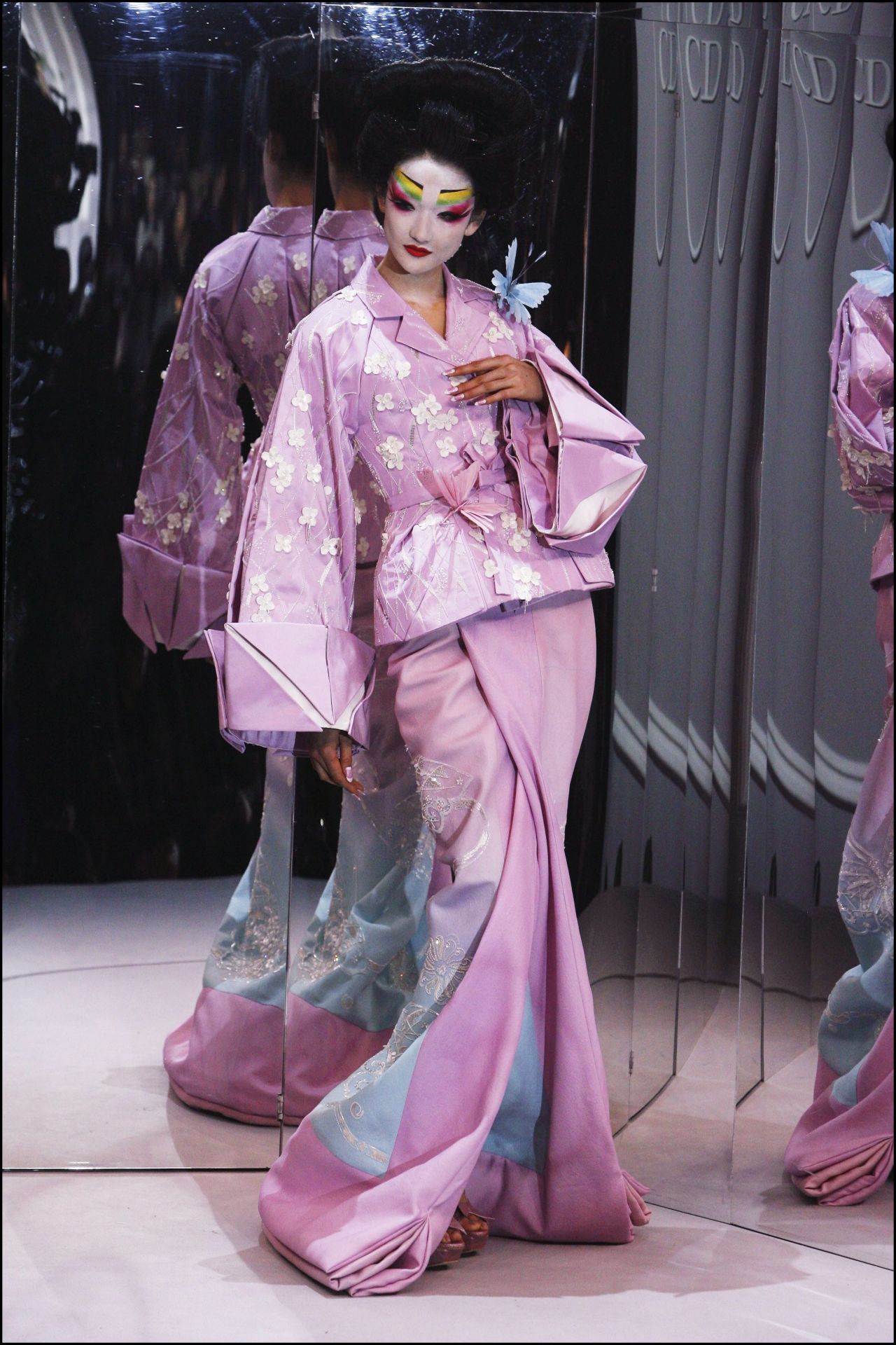 This kimono-inspired ensemble, from the Christian Dior Haute Couture Spring-Summer 2007 collection, is one of many kimono-inspired looks from John Galliano included in the exhibition.