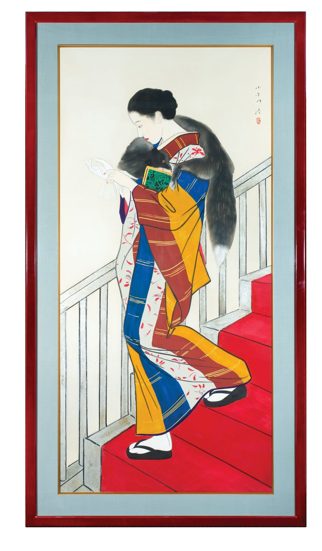 "Kaidan" ("Staircase") by Kobayakawa Kiyoshi, depicting a fashionable Japanese woman in the early 20th century. Her gloves and fur scarf suggest a European influence. 