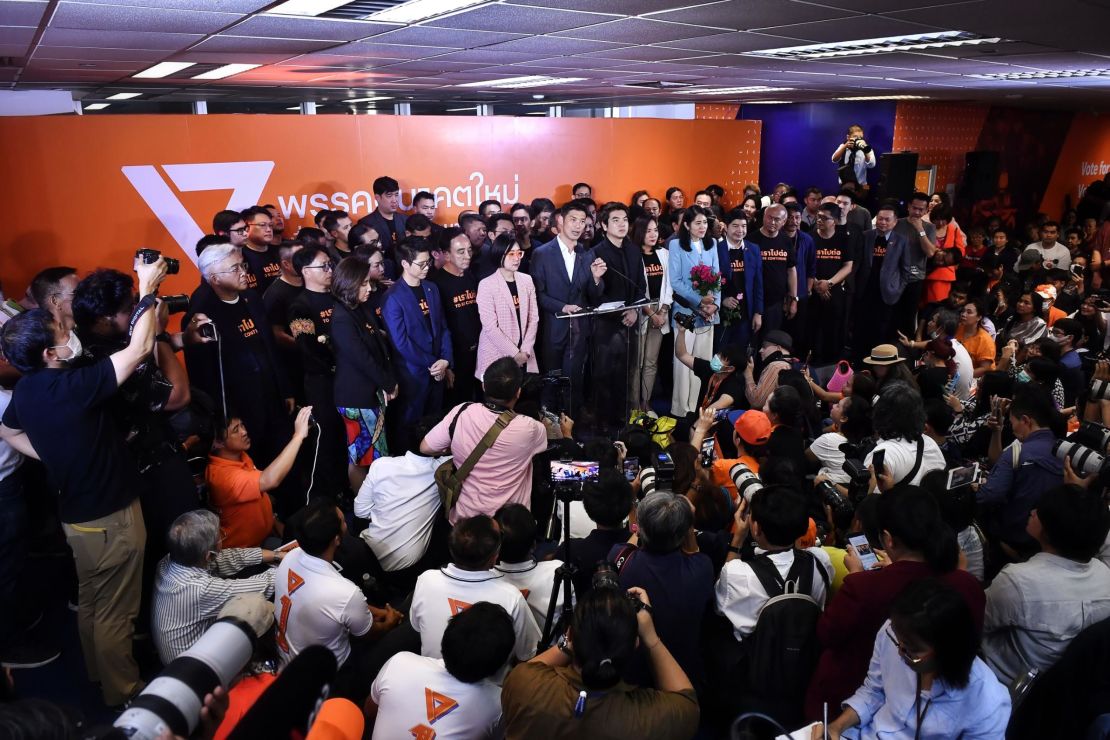 Thanathorn speaks at a press conference after the Constitutional Court ruled to dissolve the party.