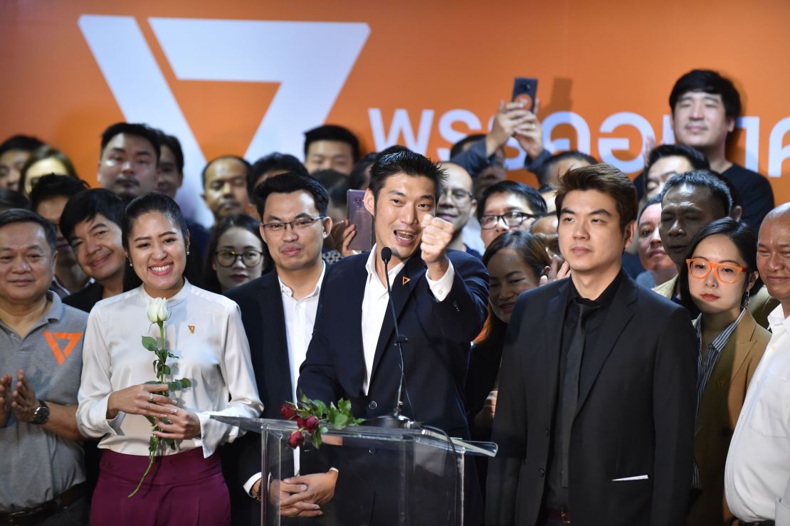Thanathorn Juangroongruangkit with Future Forward Party officials and supporters at their headquarters in Bangkok on January 21, 2020.