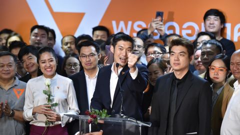 Thanathorn Juangroongruangkit with Future Forward Party officials and supporters at their headquarters in Bangkok on January 21, 2020.