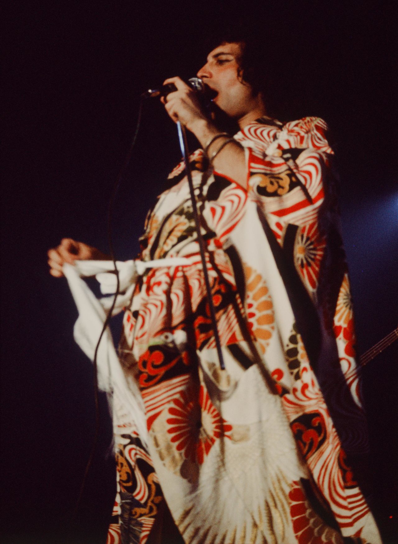 Queen frontman Freddie Mercury performs in a kimono in Tokyo in 1976.