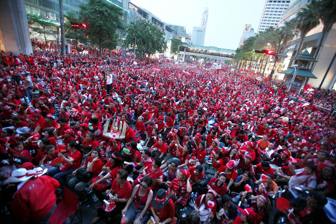 Red Shirt supporters of ousted premier Thaksin Shinawatra gather during an anti-government protest at central world junction in Bangkok on April 3, 2010. 