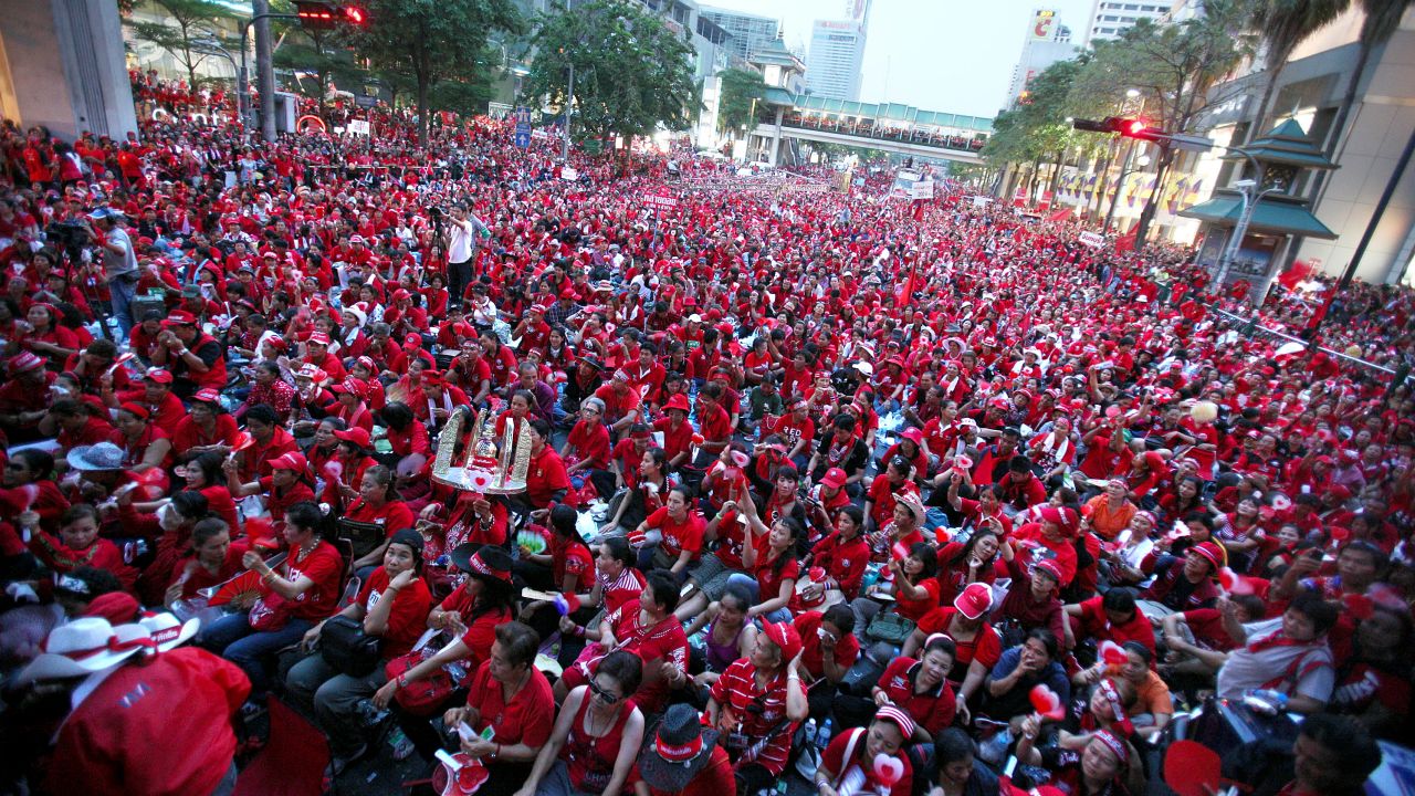 Red Shirt supporters of ousted premier Thaksin Shinawatra gather during an anti-government protest at central world junction in Bangkok on April 3, 2010. 