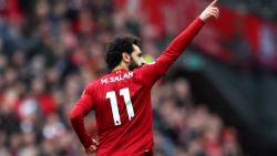 LIVERPOOL, ENGLAND - MARCH 07: Mohamed Salah of Liverpool celebrates after scoring his team's first goal during the Premier League match between Liverpool FC and AFC Bournemouth  at Anfield on March 07, 2020 in Liverpool, United Kingdom. (Photo by Jan Kruger/Getty Images)