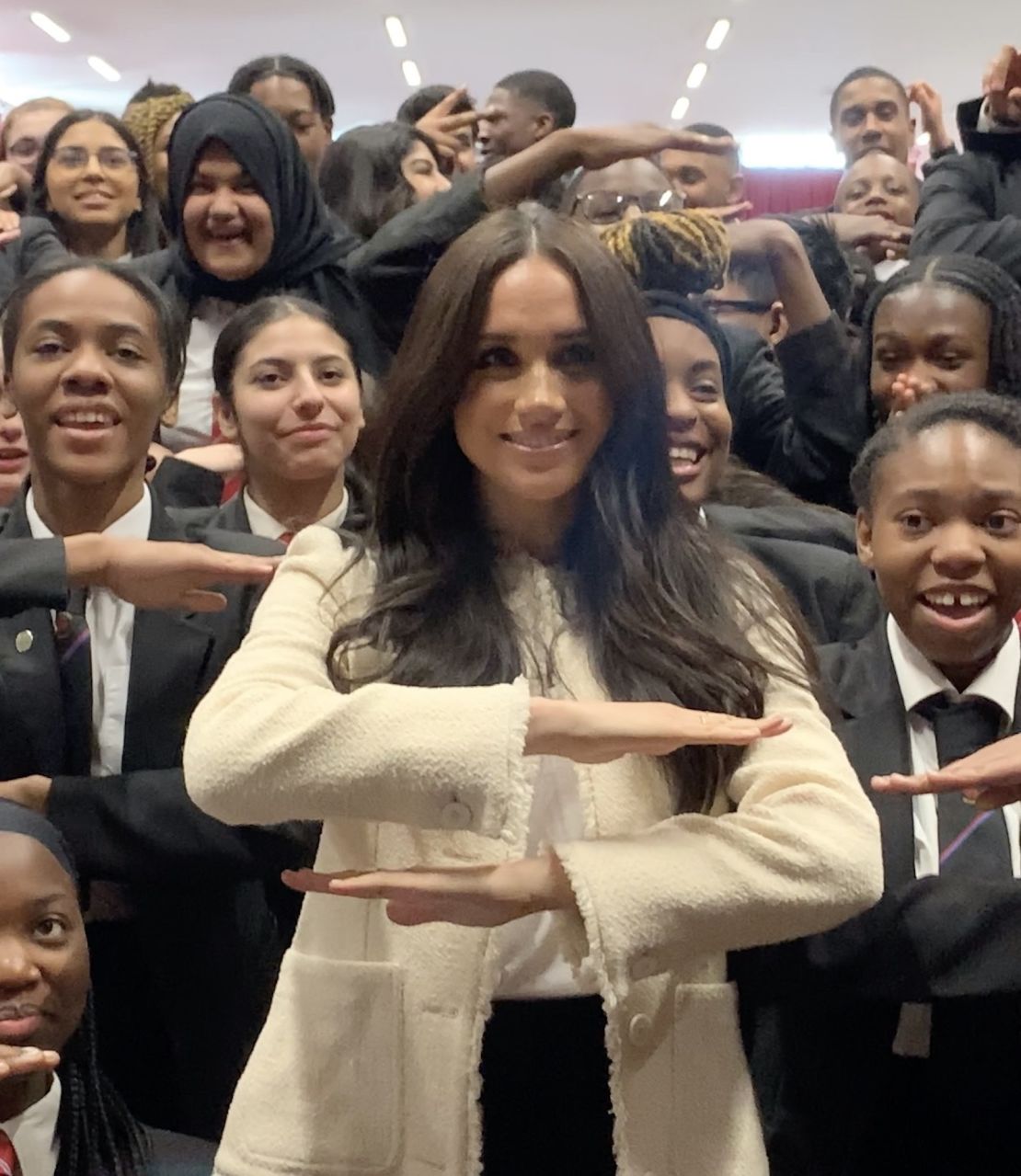 Meghan visited the Robert Clack Upper School in Dagenham, London, on Friday to "celebrate the achievements of women" ahead of International Women's Day