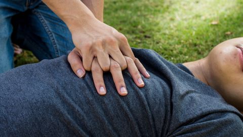 Use the heel of one hand and cover with the other. Some suggest interlacing the fingers as well.