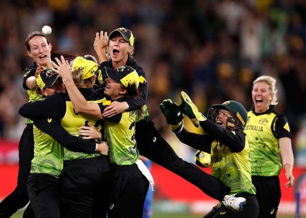 Meg Lanning celebrates victory with her teammates during the ICC Women's T20 Cricket World Cup Final match between India and Australia on March 8 in Melbourne.