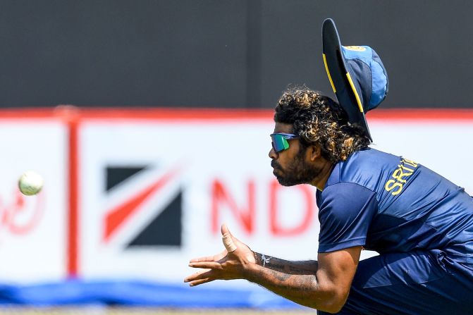Sri Lanka's team captain Lasith Malinga catches a ball during a practice session at the Pallekele International Cricket Stadium in Kandy, Sri Lanka on March 3.