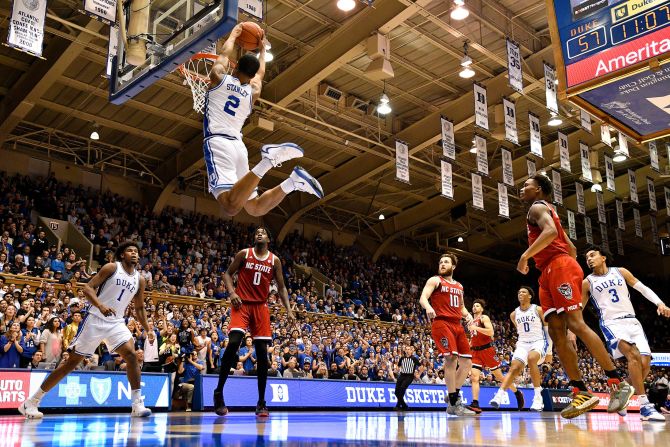 Cassius Stanley of the Duke Blue Devils dunks against the North Carolina State Wolfpack during their game on March 2 in Durham, North Carolina. Duke won 88-69.