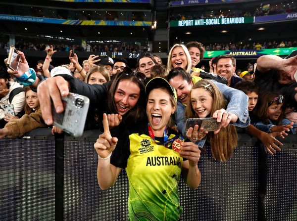 Australia's Sophie Molineux celebrates victory after their ICC Women's T20 Cricket World Cup Final match against India on March 8, in Melbourne.