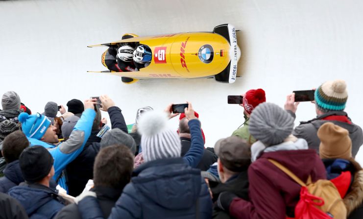 Francesco Friedrich, Candy Bauer, Martin Grothkopp and Alexander Schueller of Germany compete during the final heat for the Men's Bobsleigh at the BMW IBSF World Championships Altenberg 2020 on March 1 in Altenberg, Germany.