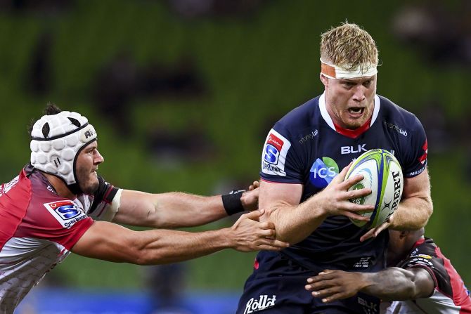 Australia Rebels player Matt Philip attempts to break through the South Africa Lions defense during the Super Rugby match in Melbourne on March 7.