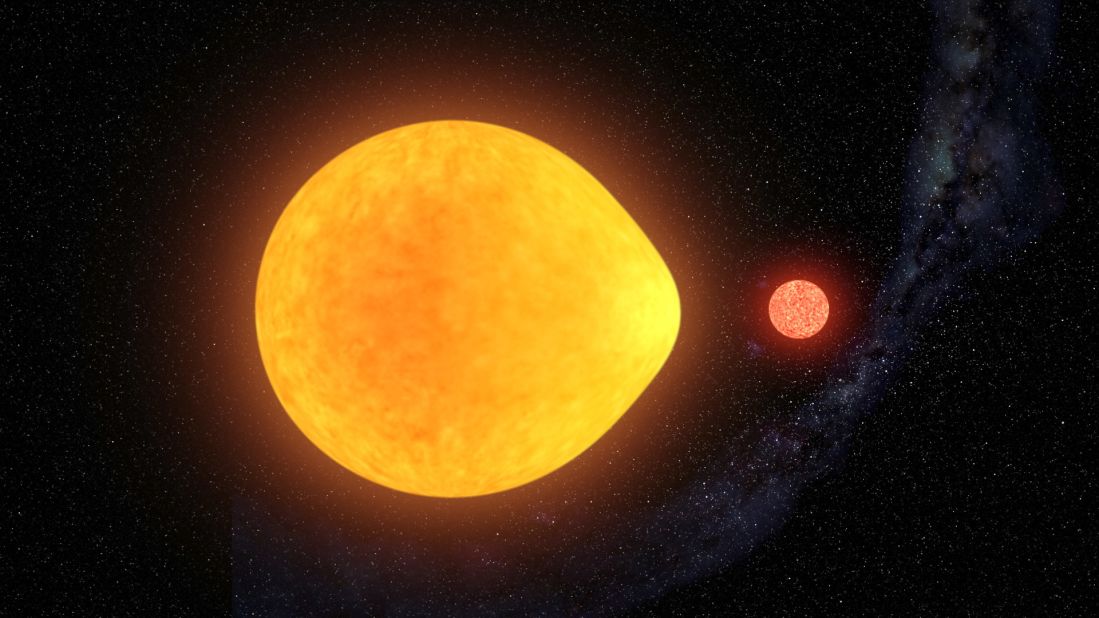 This is an artist's impression of a large star known as HD74423 and its much smaller red dwarf companion in a binary star system. The large star appears to pulsate on one side only, and it's being distorted by the gravitational pull of its companion star into a teardrop shape. 