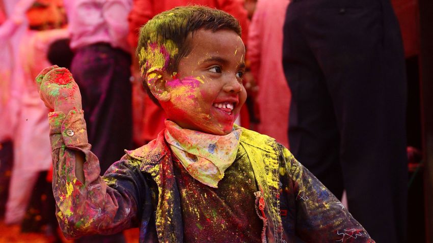 A child suffering from cerebral palsy celebrates Holi, the spring festival of colours, during an event origanized by Trishla Foundation, a non-profit organisation for cerebral palsy treatment, in Allahabad on March 6, 2020. (Photo by SANJAY KANOJIA / AFP) (Photo by SANJAY KANOJIA/AFP via Getty Images)