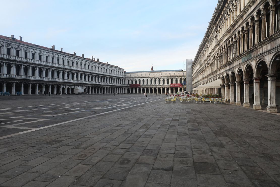  A completely empty San Marco Square in Venice on Monday, after Italy enforced travel restrictions to try to contain the worst outbreak in Europe.