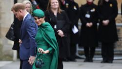 Britain's Prince Harry and Meghan, Duchess of Sussex arrive to attend the annual Commonwealth Day service at Westminster Abbey in London, Monday, March 9, 2020. The annual service organised by the Royal Commonwealth Society, is the largest annual inter-faith gathering in the United Kingdom. (AP Photo/Frank Augstein)