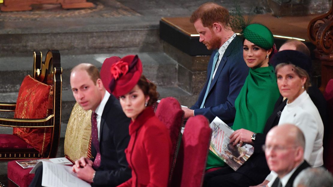 Prince Harry and Meghan sit behind Prince William and Catherine, Duchess of Cambridge, inside Westminster Abbey as they attend the annual Commonwealth Service in London on March 9, 2020.
