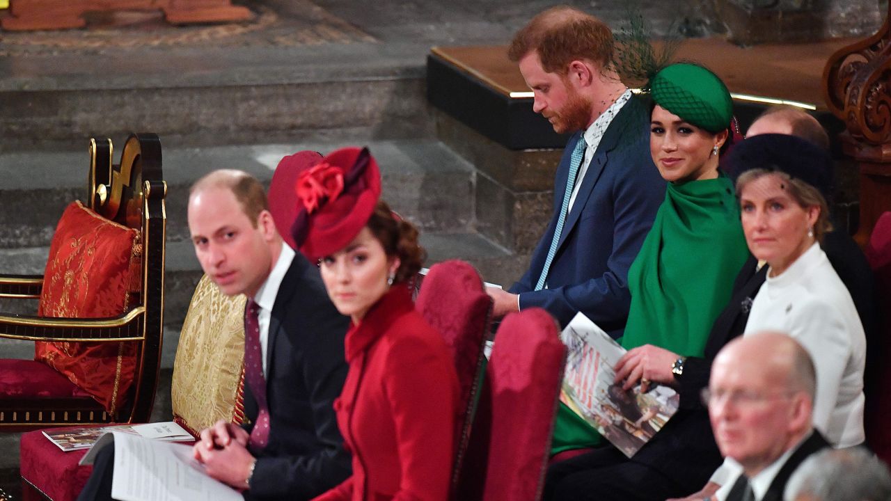 Harry, Meghan and Sophie, Countess of Wessex sit behind William and Kate inside Westminster Abbey.
