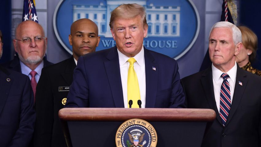 US President Donald Trump speaks about the coronavirus alongside Vice President Mike Pence and members of the Coronavirus Task Force in the Brady Press Briefing Room at the White House in Washington, DC, March 9, 2020. (Photo by SAUL LOEB / AFP) (Photo by SAUL LOEB/AFP via Getty Images)