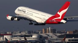 A Qantas A380 takes-off at Sydney Airport priot to the 100 Year Gala Event on October 31, 2019 in Sydney, Australia.