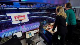 Kate Scott, left, and AJ Mleczko, members of an all-female broadcast team, work during an NHL hockey game between the Chicago Blackhawks and the St. Louis Blues, Sunday, March 8, 2020, in Chicago. 