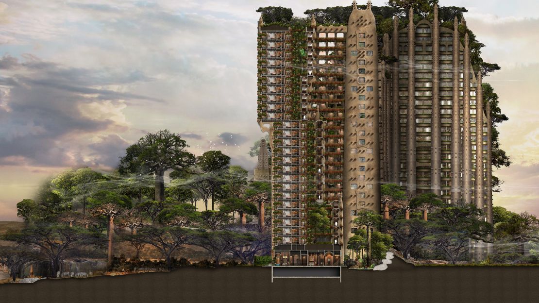 Tree top sleeping: Bensley's design for a Hilton hotel at WorldWild includes greenery surrounding the guest rooms and adorning the roof of the building.