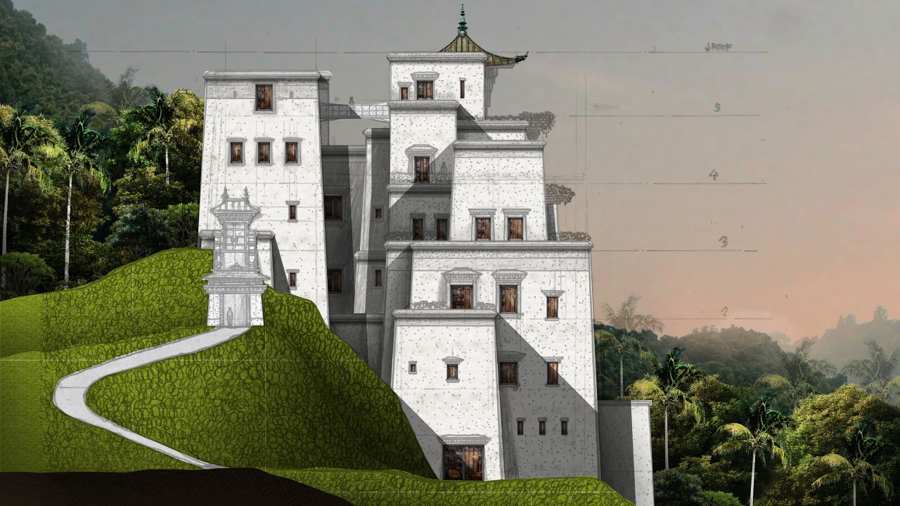 <strong>Going up: </strong>A side view of the Dzong hotel shows how it will rise up from the hillside in the Asian savannah. 
