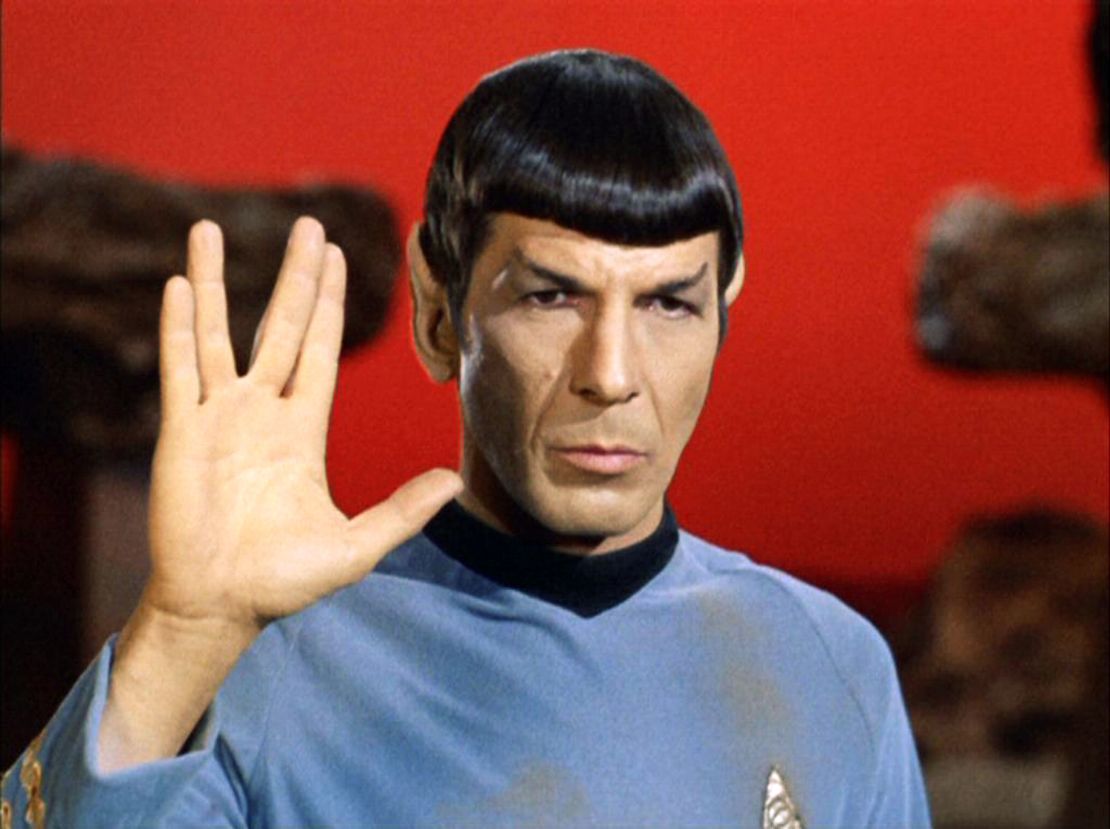 Leonard Nimoy as Mr. Spock  in "Star Trek: The Original Series" shows the Vulcan salute, usually accompanied with the words, "Live long and prosper."