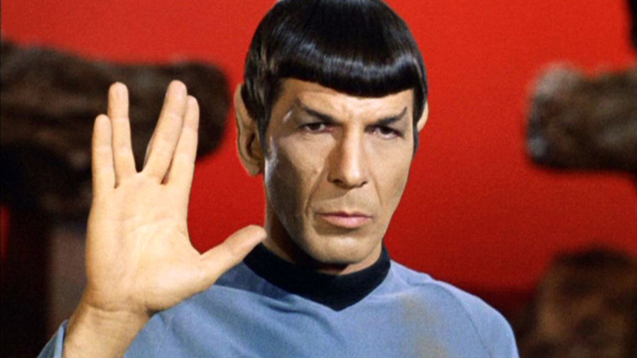 Leonard Nimoy as Mr. Spock  in "Star Trek: The Original Series" shows the Vulcan salute, usually accompanied with the words, "Live long and prosper."