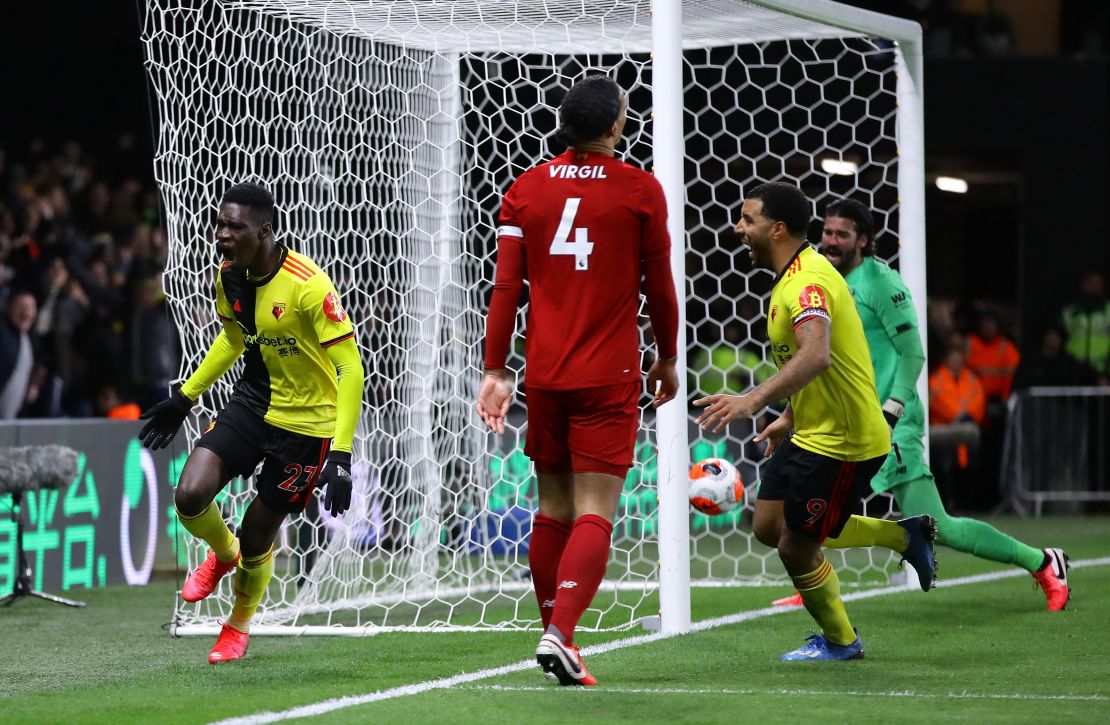 Ismaila Sarr celebrates scoring against Liverpool.