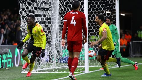 Ismaila Sarr celebrates scoring against Liverpool.