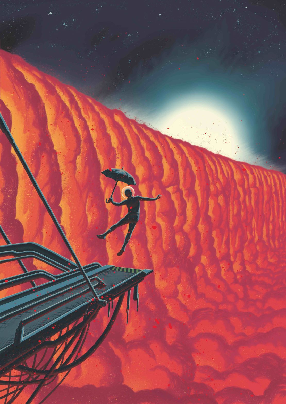 This comic-book-style illustration by Swiss graphic novelist Frederik Peeters shows a close-up view of the evening border of the exoplanet WASP-76b. 