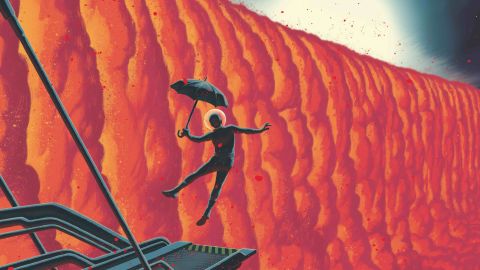 This comic-book-style illustration by Swiss graphic novelist Frederik Peeters shows a close-up view of the evening border of the exoplanet WASP-76b. 