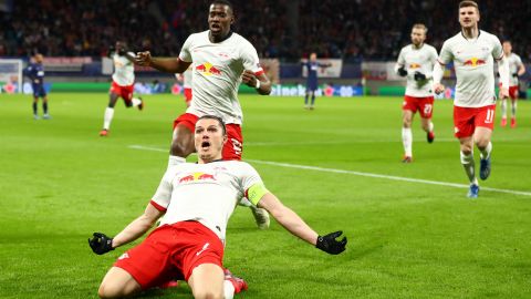 Marcel Sabitzer celebrates after scoring his opening goal.