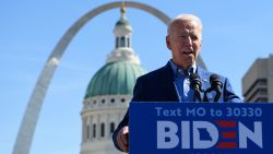 Democratic presidential candidate Joe Biden speaks during a campaign rally at Kiener Plaza Park in St. Louis, Missouri on March 7, 2020.