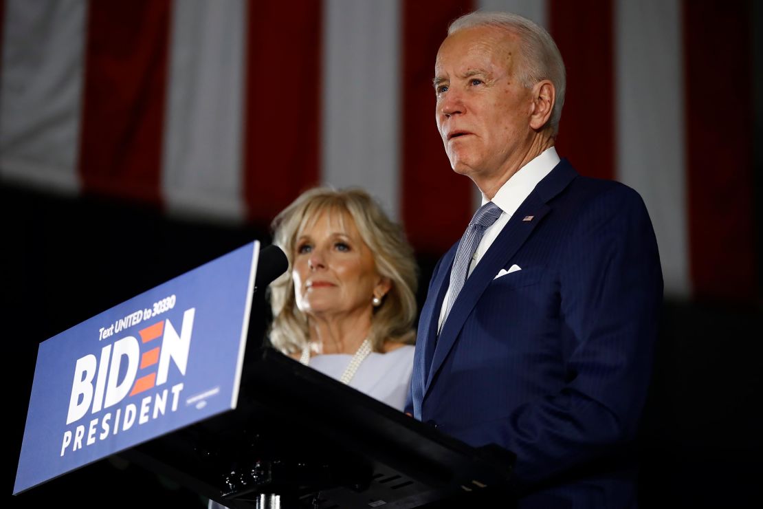 Biden, accompanied by his wife Jill, speaks to members of the press at the National Constitution Center in Philadelphia, Tuesday, March 10, 2020.