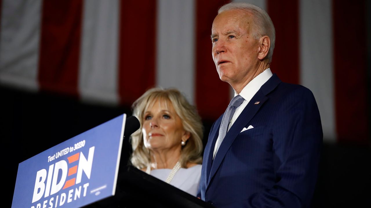Biden, accompanied by his wife Jill, speaks to members of the press at the National Constitution Center in Philadelphia, Tuesday, March 10, 2020.
