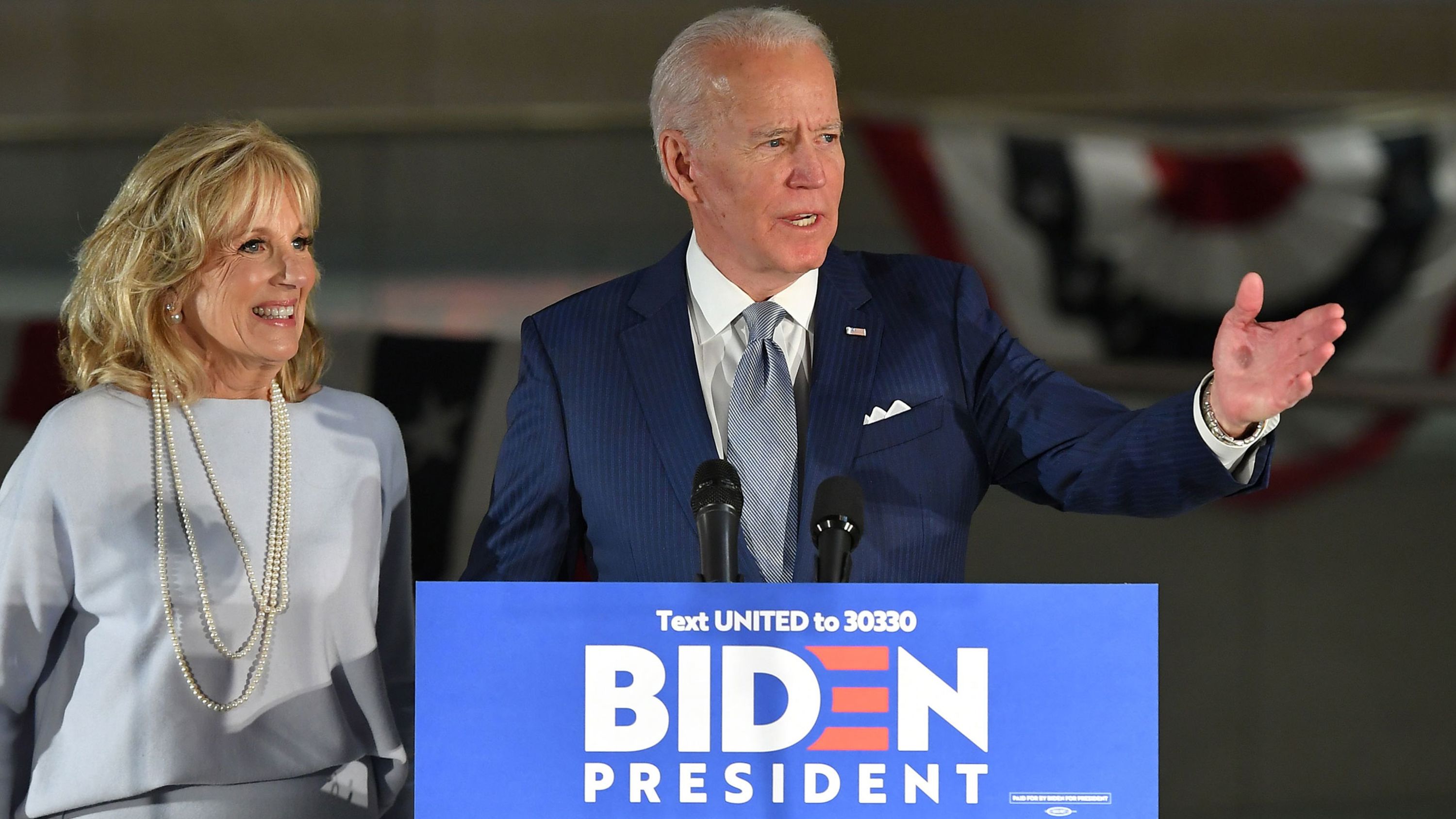 Former Vice President Joe Biden is joined by his wife, Jill, as he speaks in Philadelphia on Tuesday night. "Just over a week ago, many declared that this candidacy was dead. Now we're very much alive," he said.