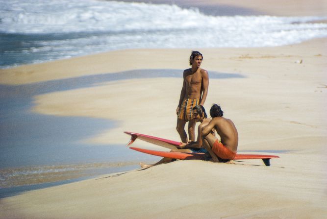 Surfers Herbie Fletcher, Gerry Lopez and Barry Kanaiaupuni pictured on Hawaii's Sunset Beach.