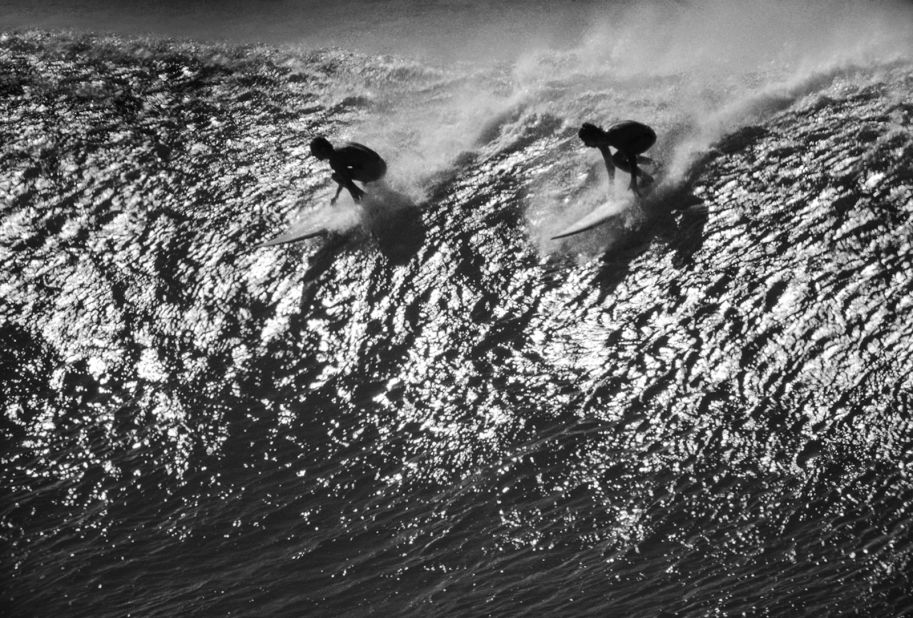 Surfers pictured at Waimea Bay, Hawaii, in 1977.
