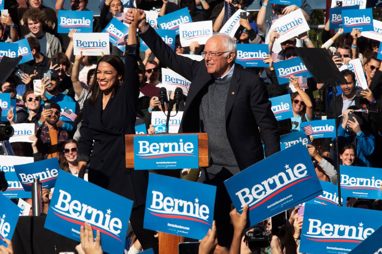 US Rep. Alexandria Ocasio-Cortez introduces Sanders at a New York rally after endorsing him for president in October 2019.