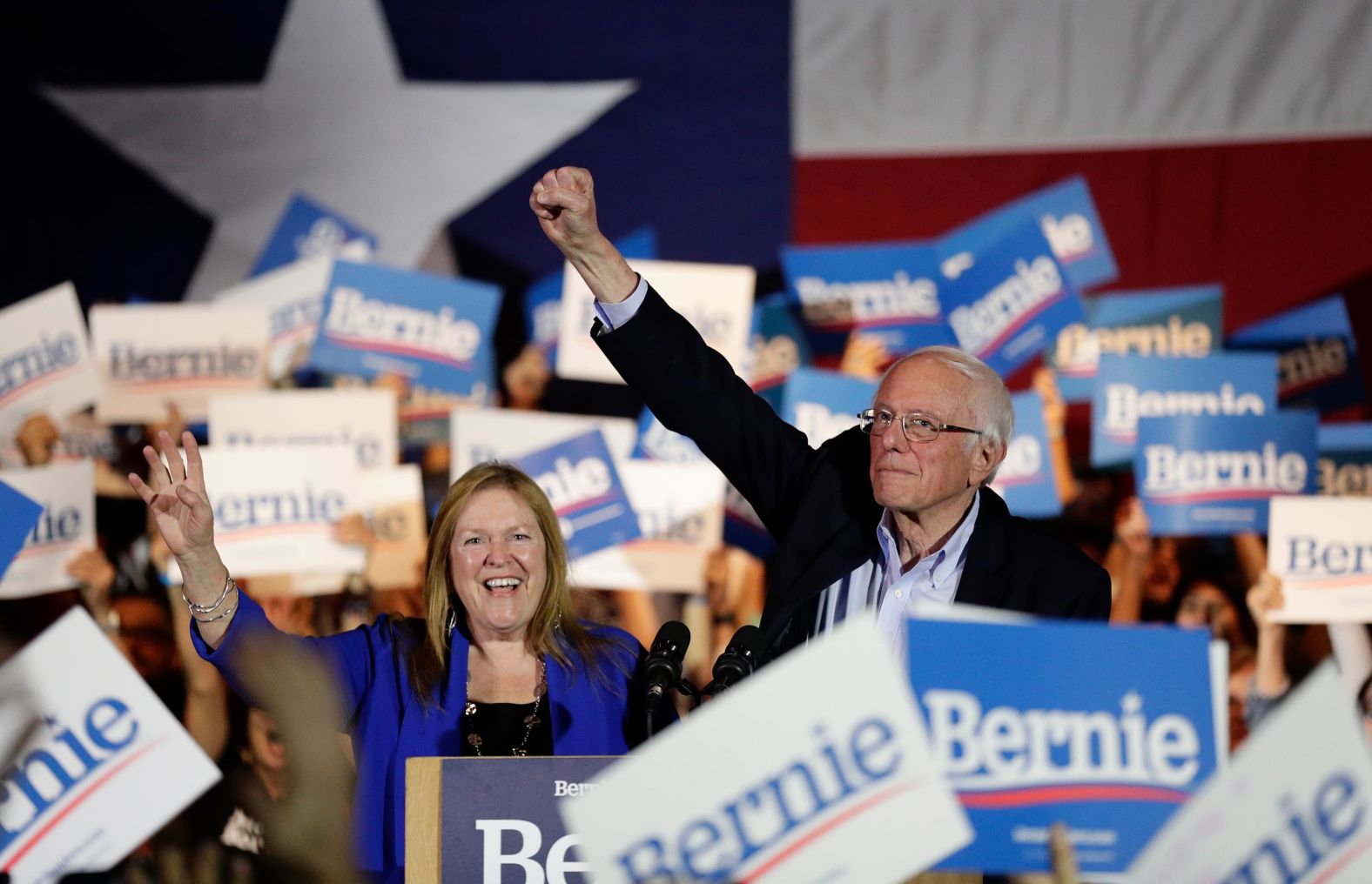 A triumphant Sanders raises his fist in San Antonio after he was projected to win <a  target="_blank">the Nevada caucuses.</a>