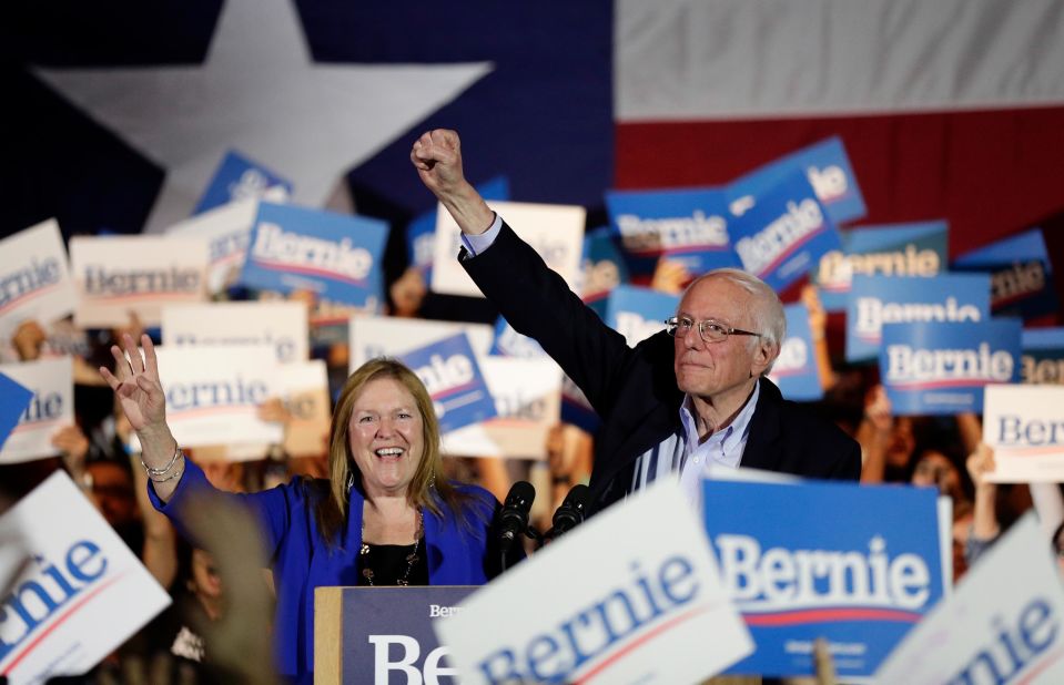 A triumphant Sanders raises his fist in San Antonio after he was projected to win <a href="http://www.cnn.com/2020/02/21/politics/gallery/nevada-caucuses/index.html" target="_blank">the Nevada caucuses.</a>