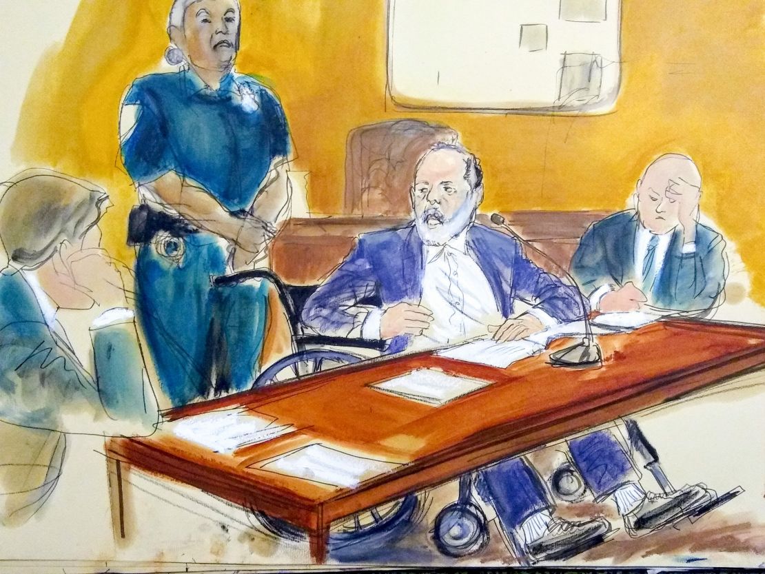 Harvey Weinstein faces victims seated in the front row as he makes his sentencing statement.