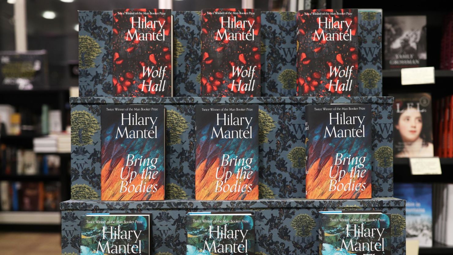 Copies of Hilary Mantel's book 'The Mirror & The Light' (bottom), alongside 'Wolf Hall' and 'Bring Up the Bodies', the three books in her Cromwell sequence, during a preview event at Waterstones in London. 