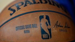 The Spalding NBA official game ball is seen before an NBA basketball game between an NBA game against the Milwaukee Bucks on Friday, Dec. 13, 2019, in Memphis, Tenn. (Matt Patterson via AP)